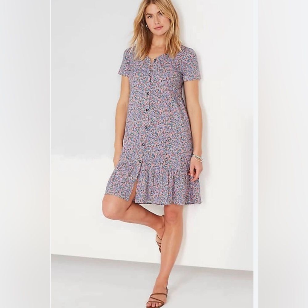 J Jill purple floral button down tiered ruffle dress